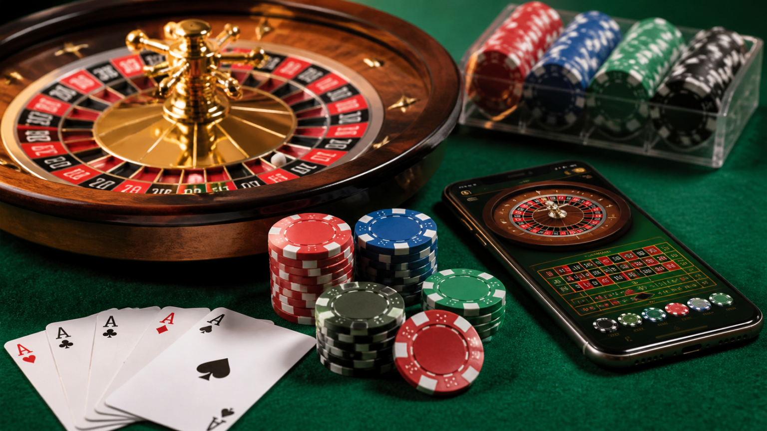 บา คา ร่า ออนไลน์ และ Slots Casinos: สำรวจเกมคาสิโนยอดนิยม Roulette wheel and smartphone showing an online casino site