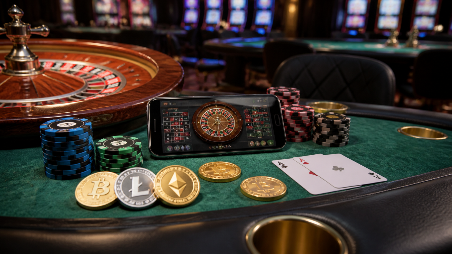 Crypto casino table with gaming chips and a smartphone