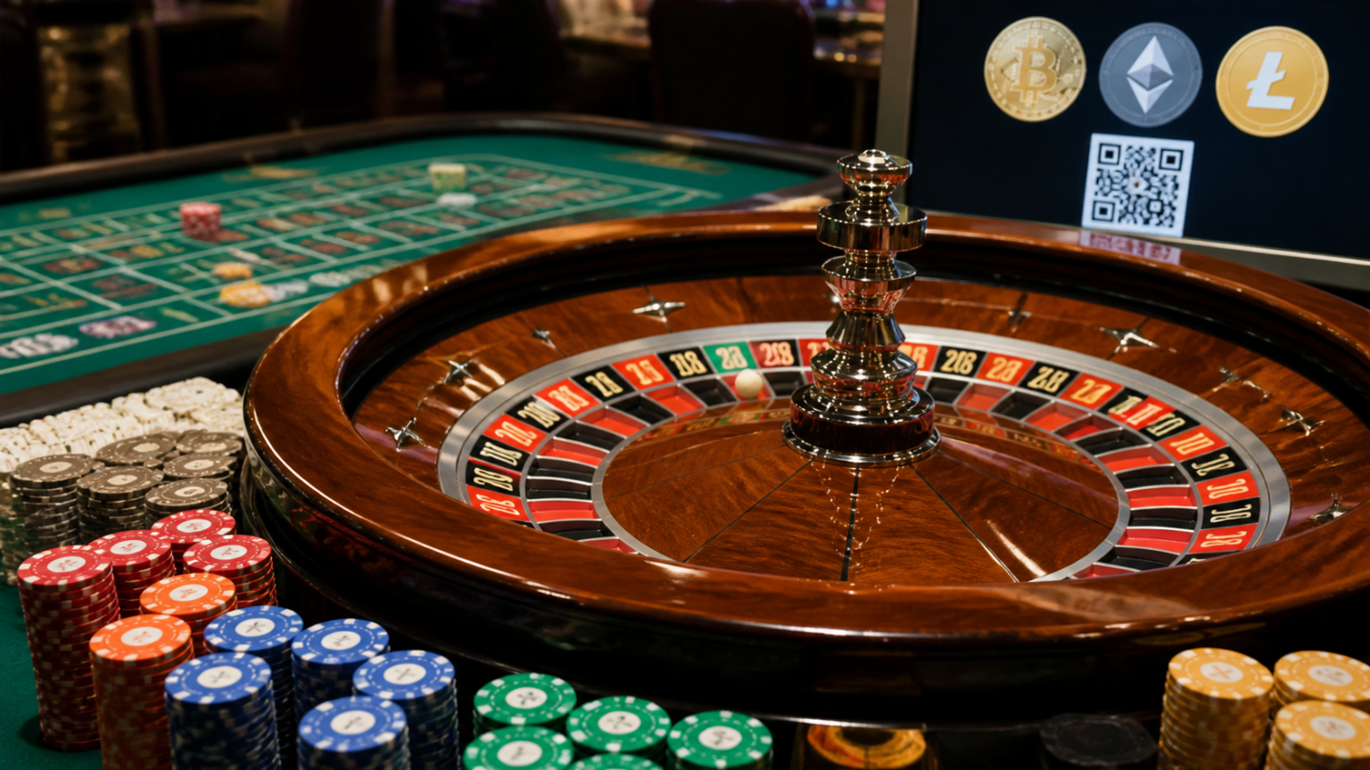 Roulette table and chips representing crypto online casino gaming
