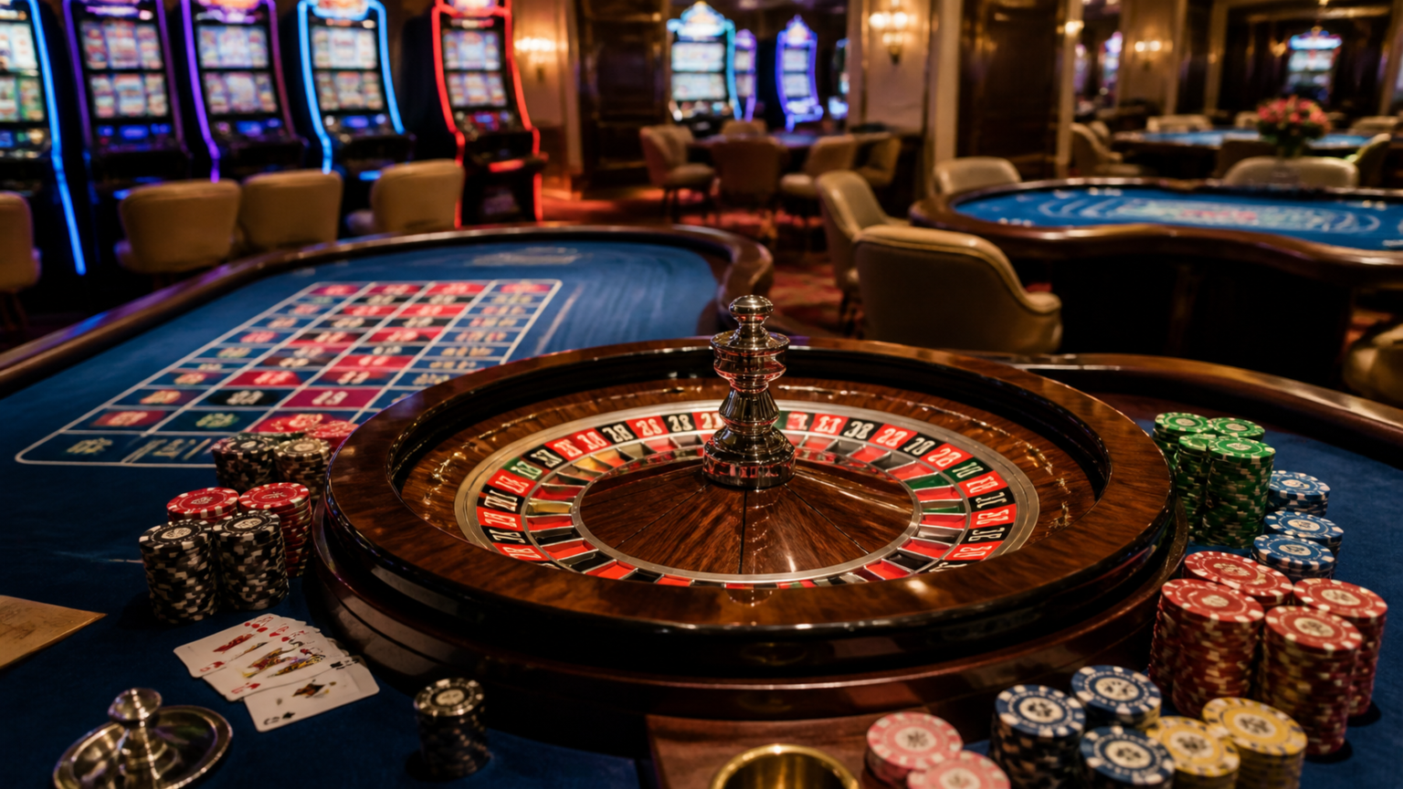 Game Bài Baccarat Và Slots Casinos: Khám Phá Luật Chơi Và Các Tính Năng Casino gaming table with cards and roulette wheel